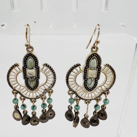 Southwest Style Earrings Silver Tone Howlite and Faux Turquoise Dangle - Picture 2 of 4